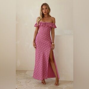 Hello Molly Off-Shoulder Pink Polka Dot Maxi Dress with Side Slit